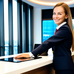 A professional female hotel receptionist in a modern, modest hotel uniform, smiling warmly and making eye contact with a guest (back visible), showing active listening at a sleek, well-lit reception desk. Subtle digital tablet visible on the counter. The background features a modern hotel lobby with large windows hinting at a vibrant Polish city skyline, such as Wrocław. Professional photography, high resolution, detailed, realistic, soft lighting, fully clothed, appropriate attire, safe for work, professional, perfect anatomy, correct proportions, natural pose, well-formed hands, proper finger count, natural body proportions.