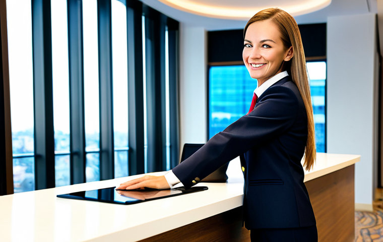 A professional female hotel receptionist in a modern, modest hotel uniform, smiling warmly and making eye contact with a guest (back visible), showing active listening at a sleek, well-lit reception desk. Subtle digital tablet visible on the counter. The background features a modern hotel lobby with large windows hinting at a vibrant Polish city skyline, such as Wrocław. Professional photography, high resolution, detailed, realistic, soft lighting, fully clothed, appropriate attire, safe for work, professional, perfect anatomy, correct proportions, natural pose, well-formed hands, proper finger count, natural body proportions.
