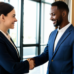 A professional female hotel leader, wearing a modest, elegant business suit, standing in a brightly lit, modern hotel lobby, gently interacting with a diverse, fully clothed team member. The atmosphere is collaborative and inviting, with soft natural light illuminating the scene. Perfect anatomy, correct proportions, natural pose, well-formed hands, proper finger count, natural body proportions. Professional photography, high quality, ultra-detailed, safe for work, appropriate content, fully clothed, professional dress, family-friendly.